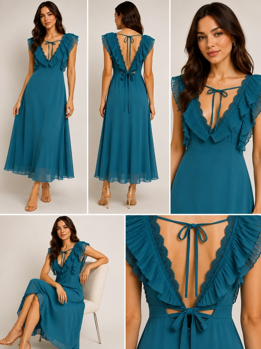 ASOS Teal Sleeveless Dress with V-Neck Ruffle Detail